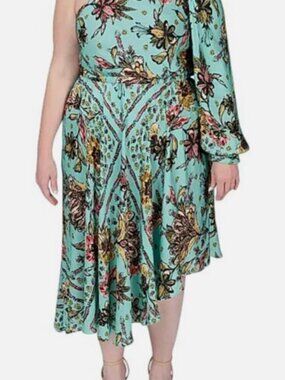 Mayes NYC Women's Blue Satin Floral One-Shoulder Olivia Dress Plus Size 22